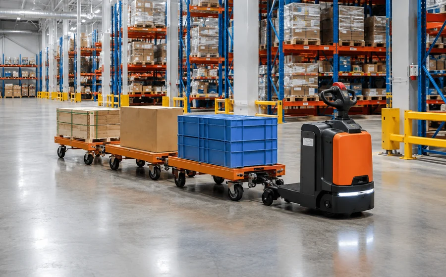 Electric warehouse vehicle pulling carts in an indoor distribution center