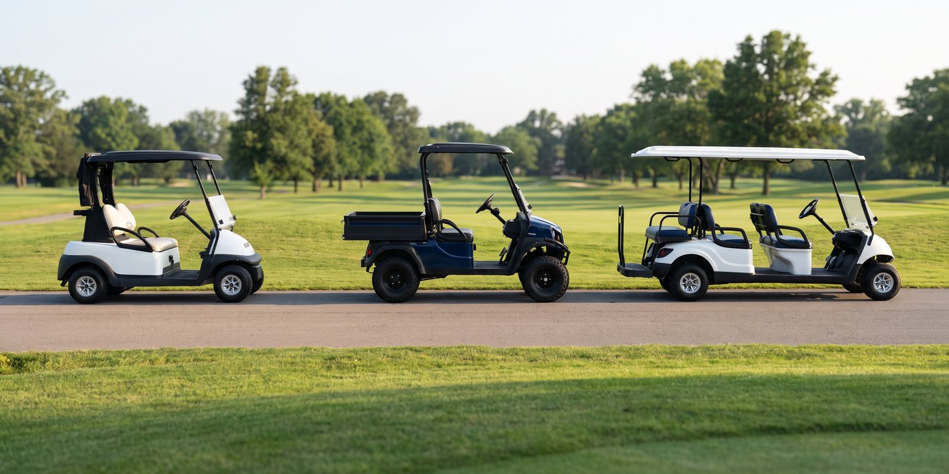 Golf carts and utility vehicles lined up at a course