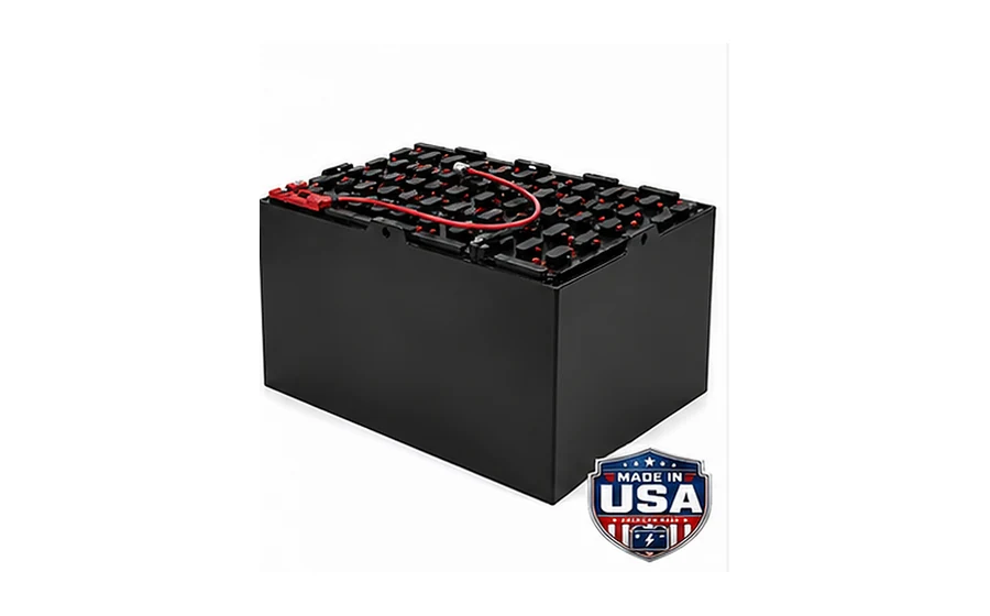 48-volt flat-plate industrial battery in a black steel tray