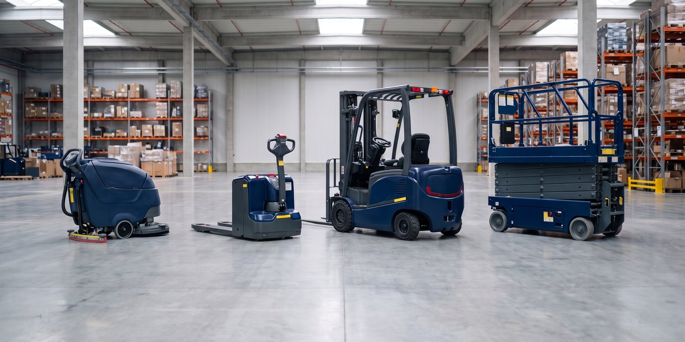 Floor scrubber, electric pallet truck, forklift and scissor lift lined up in a warehouse