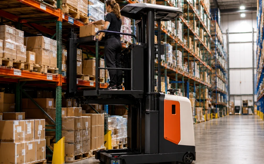 Warehouse order picker lifting an operator to retrieve cartons from storage racks