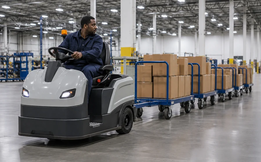 Seated electric tow tractor hauling warehouse carts loaded with cartons