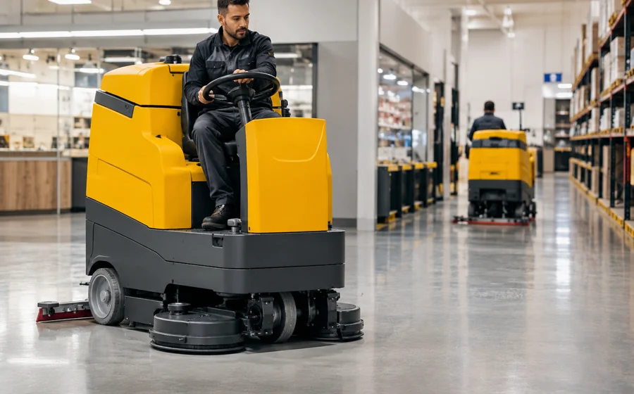 Ride-on floor machine cleaning an indoor warehouse floor