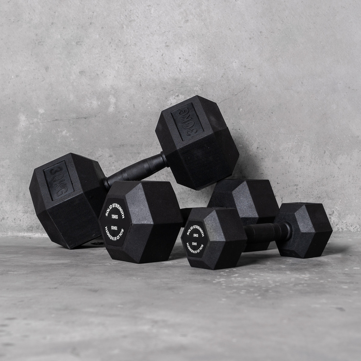 Solid Strength 15kg Rubber Coated Hex Dumbbell (x1) SOLID
