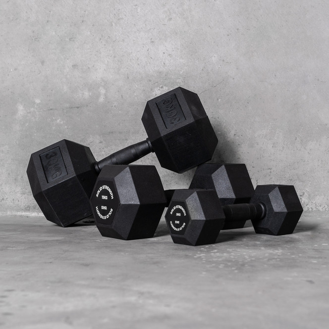 Solid Strength 15kg Rubber Coated Hex Dumbbell (x1)