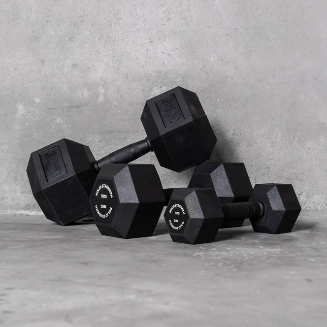Solid Strength 30kg Rubber Coated Hex Dumbbell (x1)