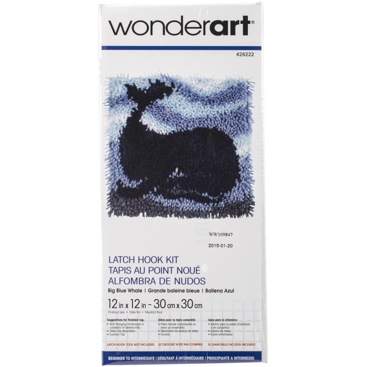 Wonderart Big Blue Whale Latch Hook Kit, 12 x 12