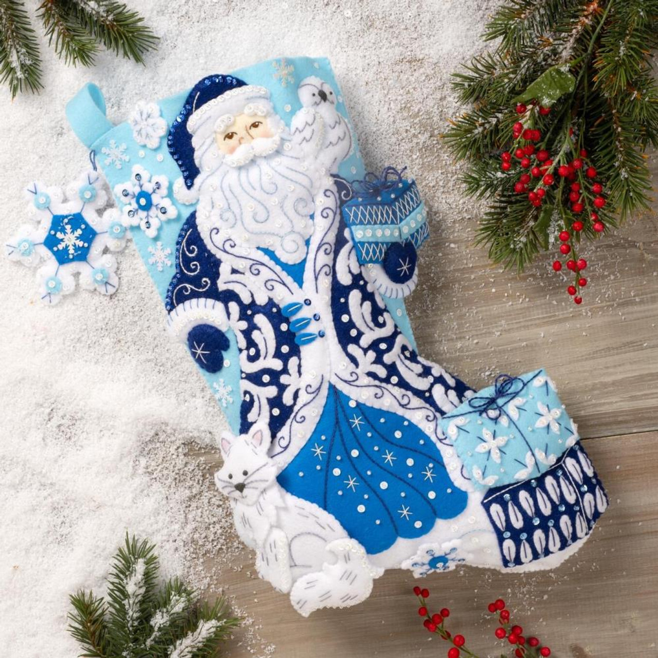Bucilla Felt Applique Christmas Stocking Kit SANTA AND FRIENDS 18 inch