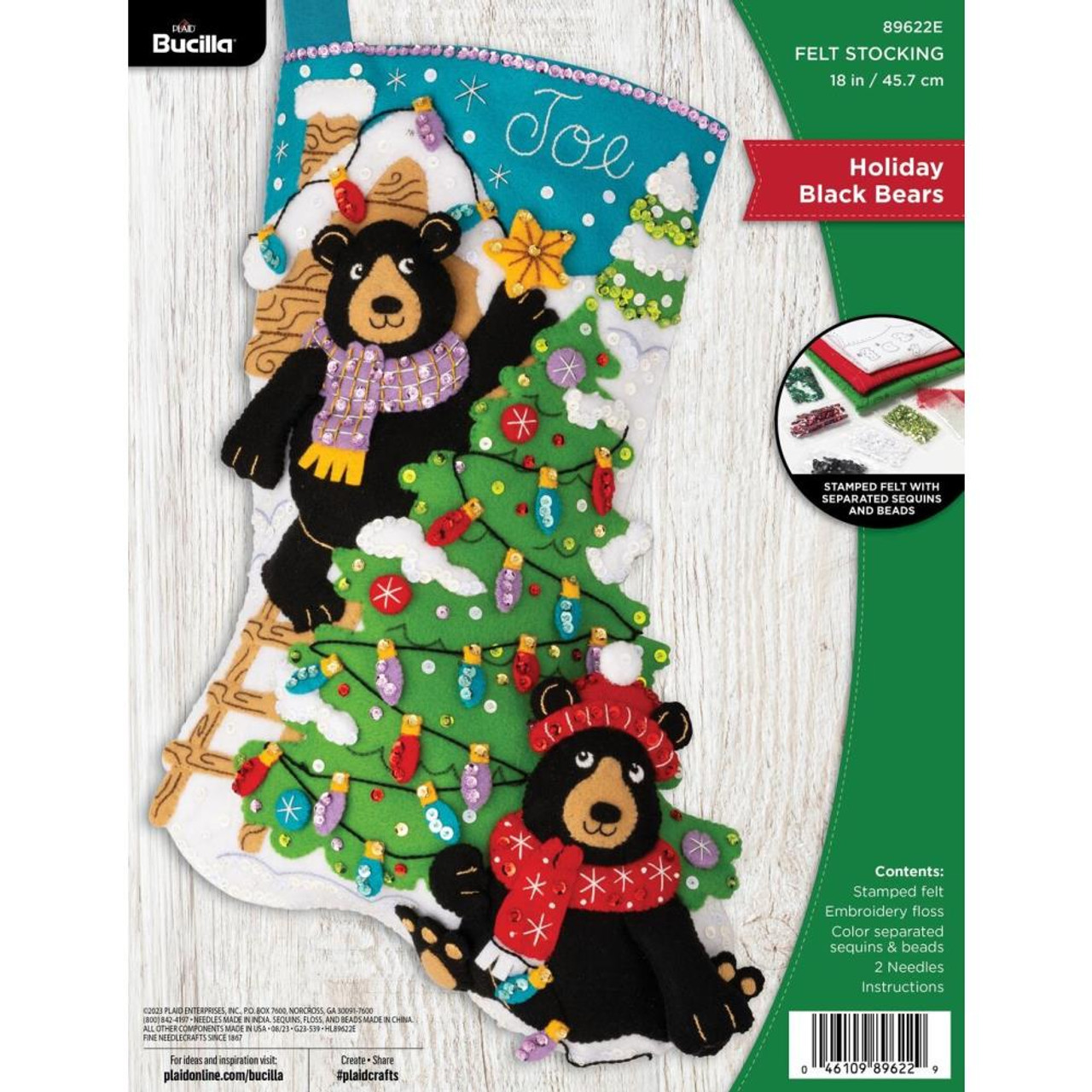 Bucilla Felt Applique Christmas Stocking Kit TEDDY BEAR 18 inch