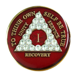Alcoholics Anonymous (AA) Anniversary Coin – Red Crystal Diamond Sobriety Medallion Gift