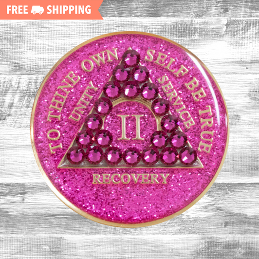 AA Anniversary Coin Medallion | Glitter Pink Crystal Fuchsia