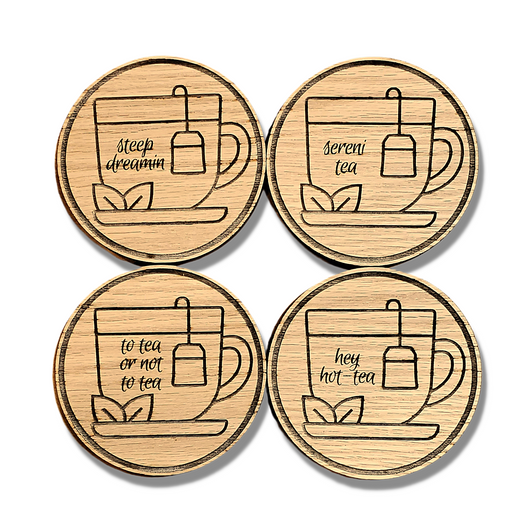 Laser Engraved Tea Puns Wooden Coasters Set 4/Pkg Laser Engraved Tea Puns Wooden Coasters Set 4/Pkg