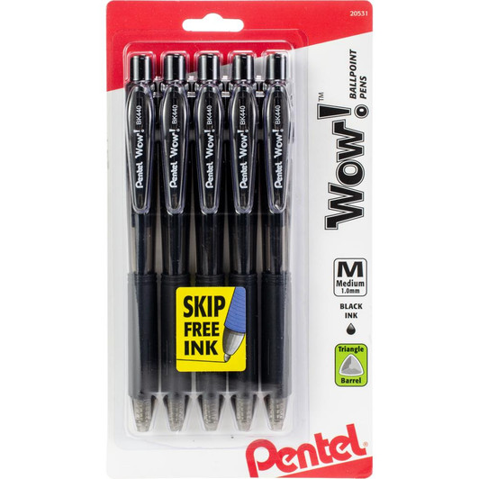 Pentel Wow! Black Retractable Medium Ballpoint Pens 5/Pkg