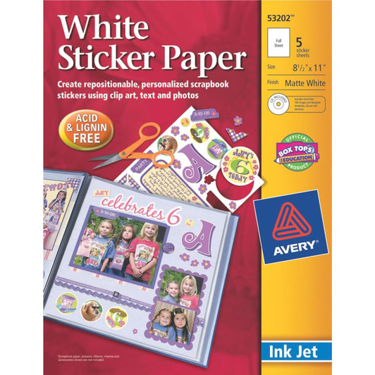Avery Matte White Ink Jet Sticker Paper W/CD 5/Pkg #53202