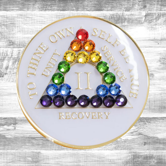 AA Rainbow White Crystal Transition Sobriety Anniversary Coin