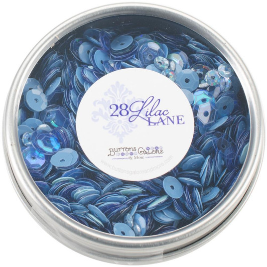 Buttons Galore 28 Lilac Lane Tin W/Sequins 30g - Denim Blues