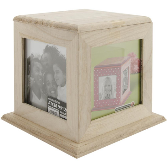 Plaid Wood Memory Box Cube W/4 Picture Frames