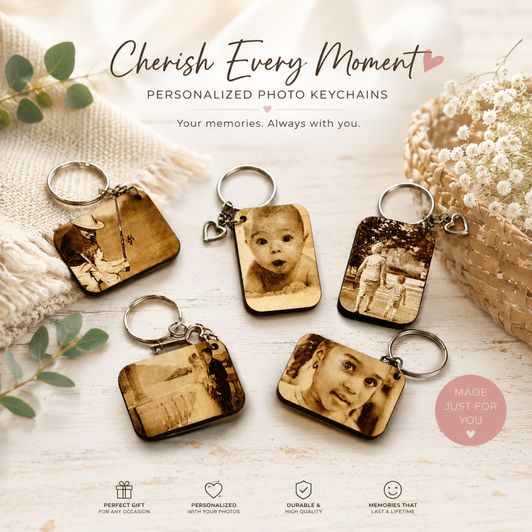 Personalized Photo Keychain – Custom Laser Engraved Wooden Picture Key Chain