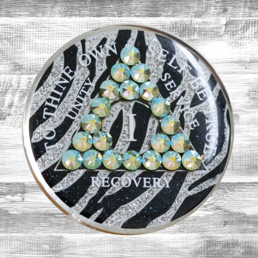 Alcoholics Anonymous Zebra Print Peridot AB Crystal Anniversary Coin