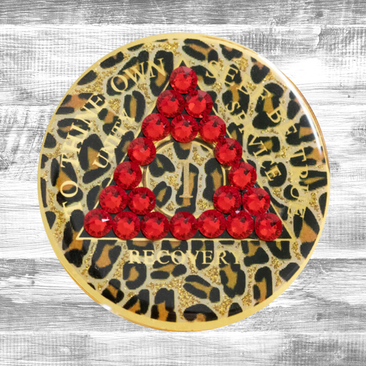 Alcoholics Anonymous Leopard Print Light Siam Crystal  Anniversary Coin