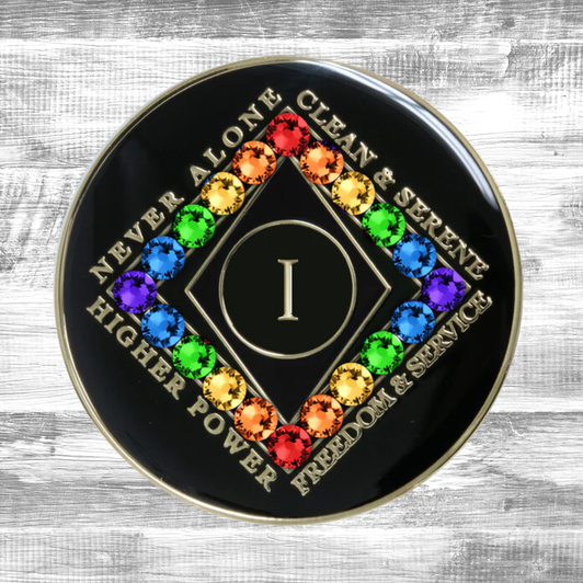 Narcotics Anonymous Clean Time Black Rainbow Crystal Anniversary Coin
