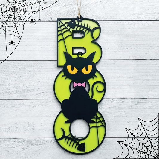 BOO Scary Black Cat Halloween Sign - Halloween Wall Decor