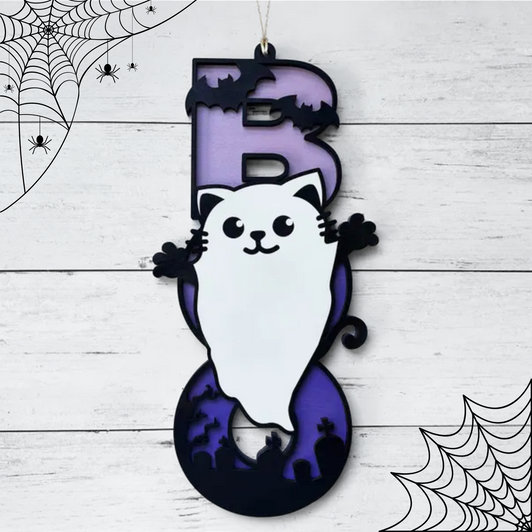 BOO Ghost Kitty Halloween Sign - Whimsical Halloween Decor