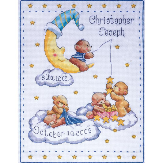 Tobin Baby Counted Cross Stitch Kit | Bears In Clouds Birth Sampler