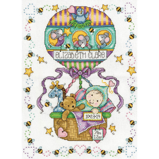 Tobin Baby Balloon Ride Birth Sampler Counted Cross Stitch Kit