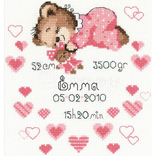 RIOLIS Teddy Bear Girl Birth Announcement Counted Cross Stitch Kit