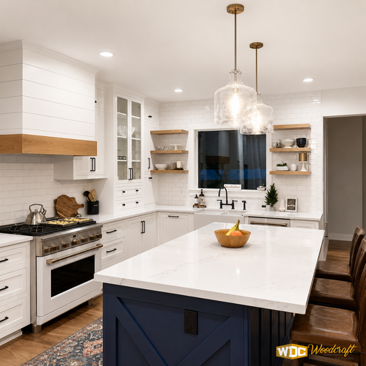 Shaker Style Farmhouse Kitchen with Navy Painted Island