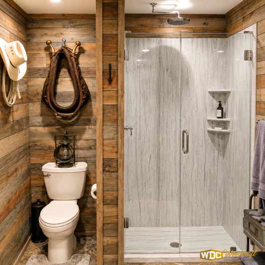 Rustic Farmhouse Laundry Room Bathroom with Custom Barnwood Cabinets