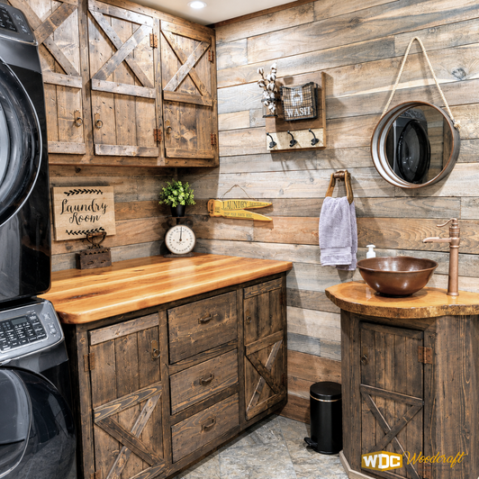 Rustic Farmhouse Laundry Room Bathroom with Custom Barnwood Cabinets