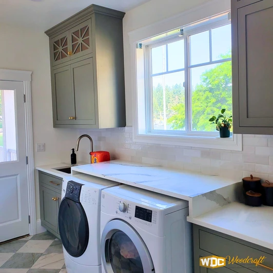 Laundry Room Remodel - Sage Green Cabinetry & Quartz Countertops