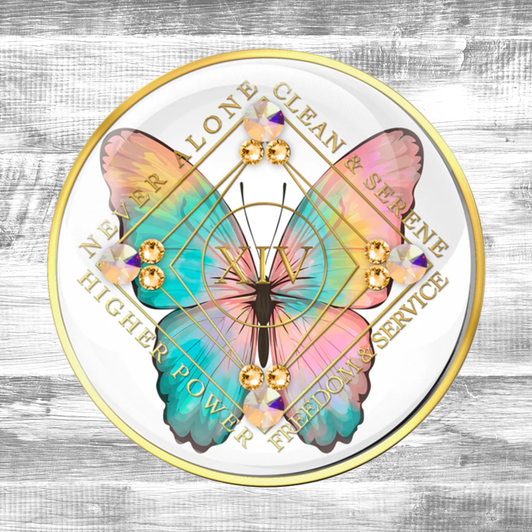Narcotics Anonymous Clean Time Butterfly Gold AB Crystal Anniversary Coin