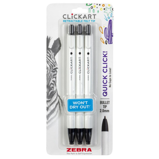 Zebra ClickArt Retractable Felt Tip Marker 3/Pkg | Black