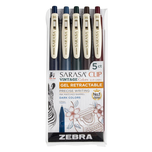 Zebra Sarasa Clip Vintage Gel Retractable Pens 5/Pkg | Dark Colors