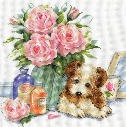 Design Works Puppy With Roses Counted Cross Stitch Kit