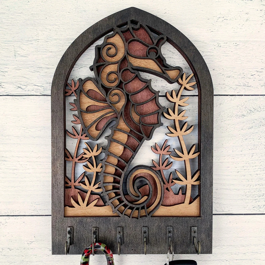 Seahorse Key Holder Wall Plaque – Coastal Beach Wall Decor with Key Hooks
