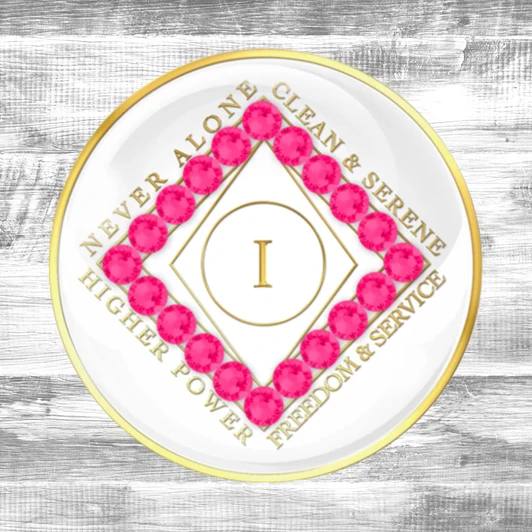 Narcotics Anonymous (NA) Clean Time Coin – White Pink Neon Crystal Sobriety Medallion Gift