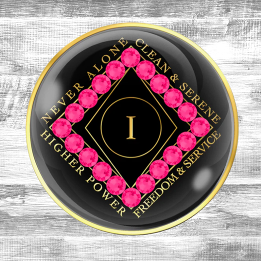 Narcotics Anonymous (NA) Clean Time Coin – Black Pink Neon Crystal Sobriety Medallion Gift