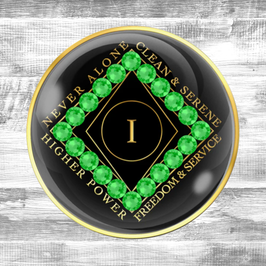 Narcotics Anonymous (NA) Clean Time Coin – Black Green Neon Crystal Sobriety Medallion Gift