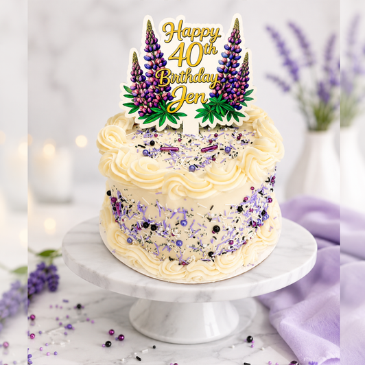 Personalized Purple Lupine Floral Cake Topper - Custom Birthday Cake Decoration