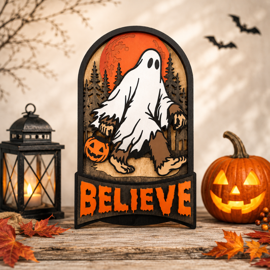 Bigfoot Ghost Halloween Wooden Sign - Believe Spooky Fall Decor