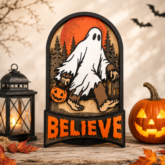 Bigfoot Ghost Halloween Wooden Sign - Believe Spooky Fall Decor