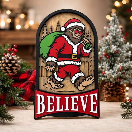 Bigfoot Santa Christmas Wooden Sign - Believe Sasquatch Holiday Decor