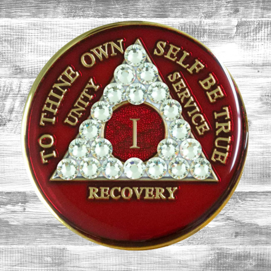 Alcoholics Anonymous (AA) Anniversary Coin – Red Crystal Diamond Sobriety Medallion Gift