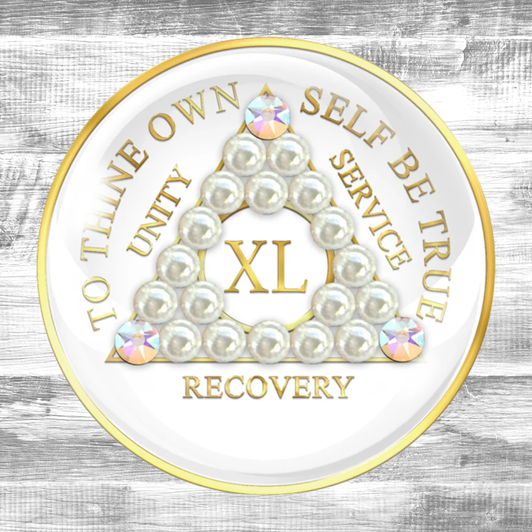 AA White CZ Crystal Pearl Sobriety Anniversary Coin