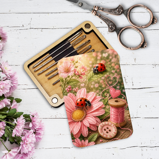 Magnetic Needle Minder Storage Case - Pink Floral Ladybugs