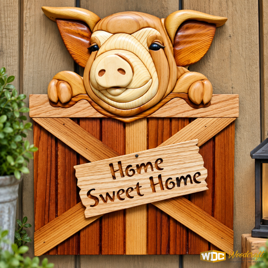 Intarsia Home Sweet Home Pig Wall Plaque